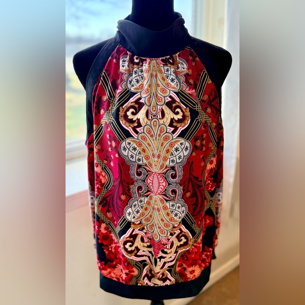 Jones New York chic sleeveless halter mock neck red black gold dressy top Lg EUC - Picture 1 of 12